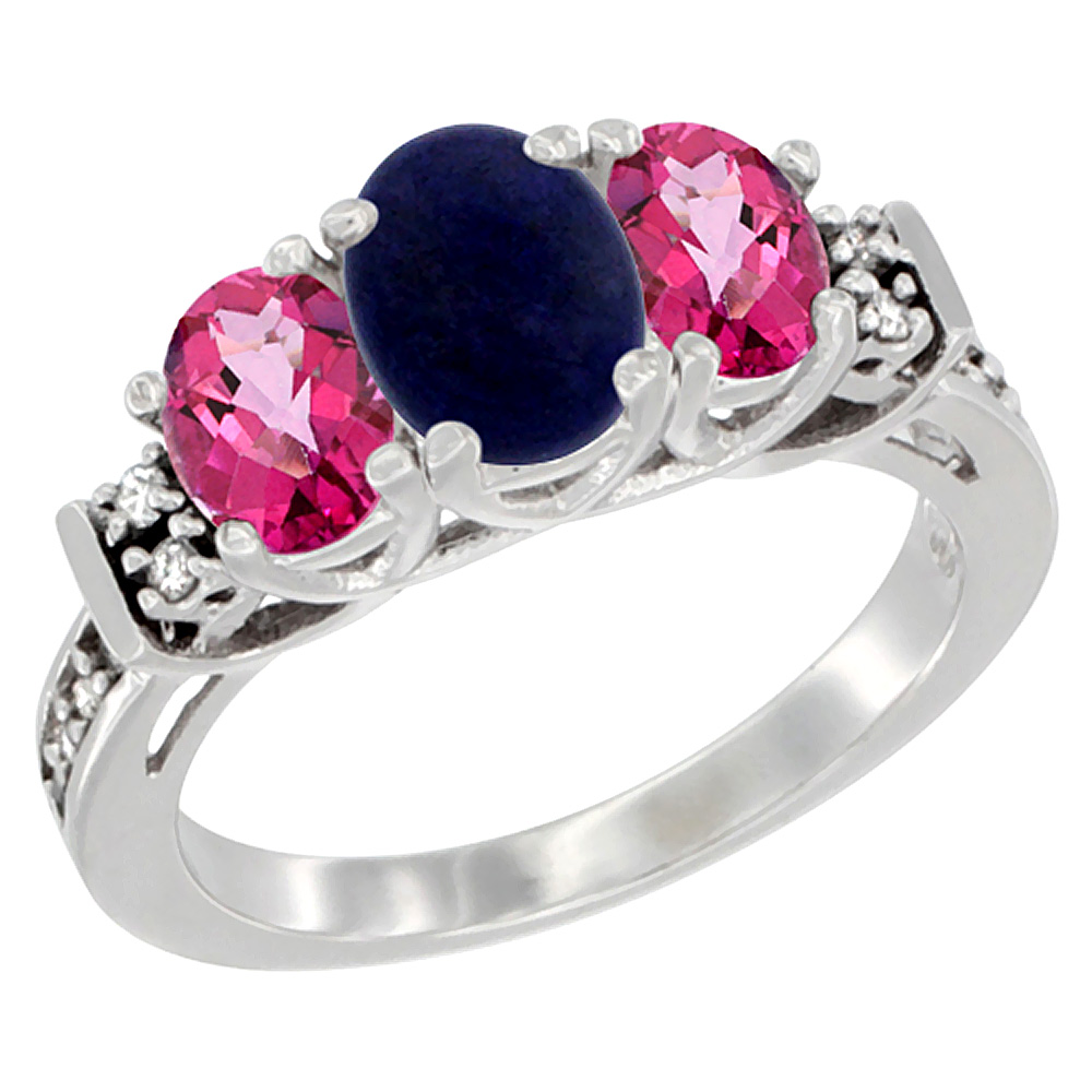 14K White Gold Natural Lapis & Pink Topaz Ring 3-Stone Oval Diamond Accent, sizes 5-10