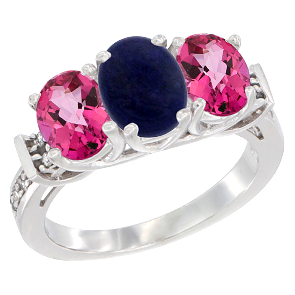 10K White Gold Natural Lapis & Pink Topaz Sides Ring 3-Stone Oval Diamond Accent, sizes 5 - 10