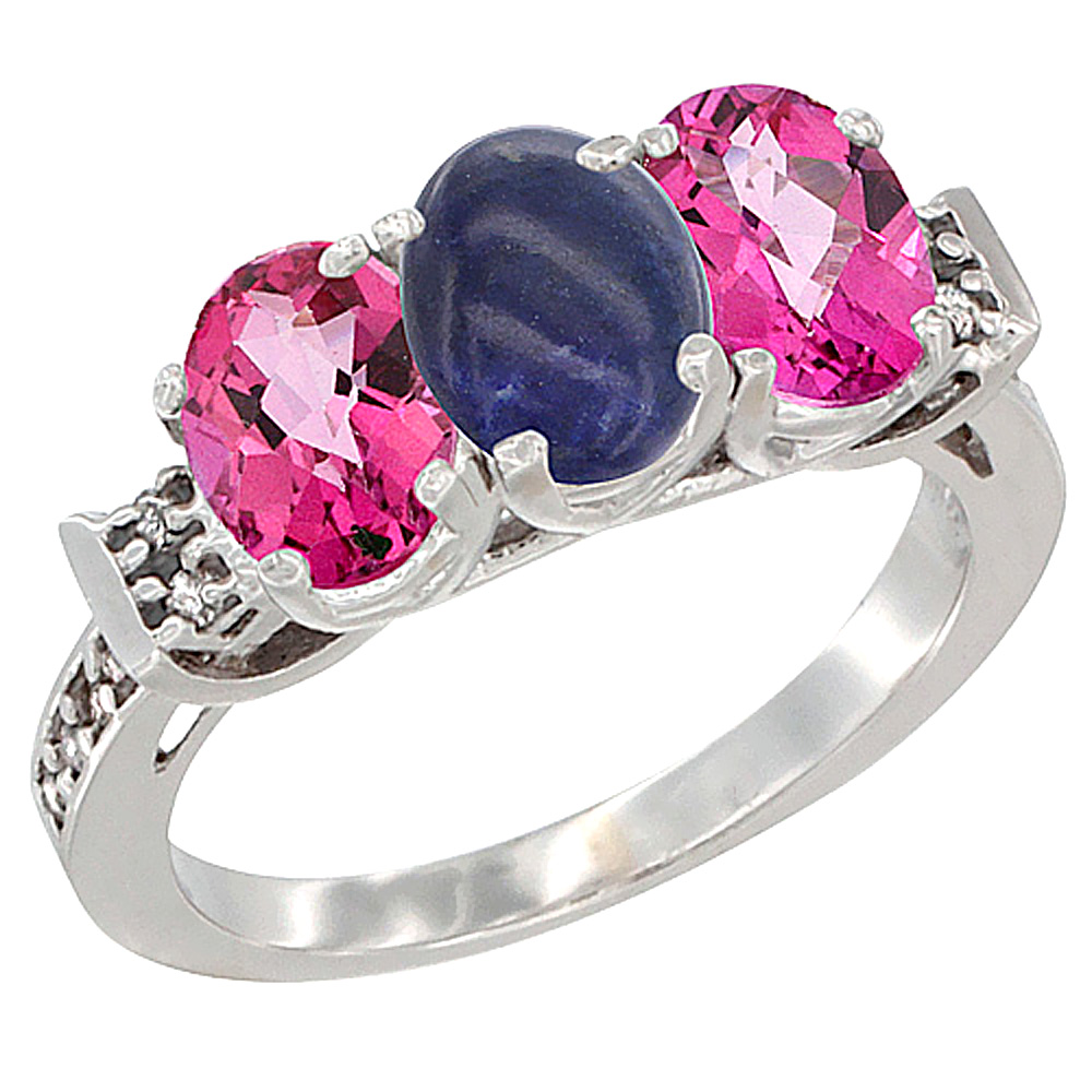 14K White Gold Natural Lapis &amp; Pink Topaz Sides Ring 3-Stone Oval 7x5 mm Diamond Accent, sizes 5 - 10