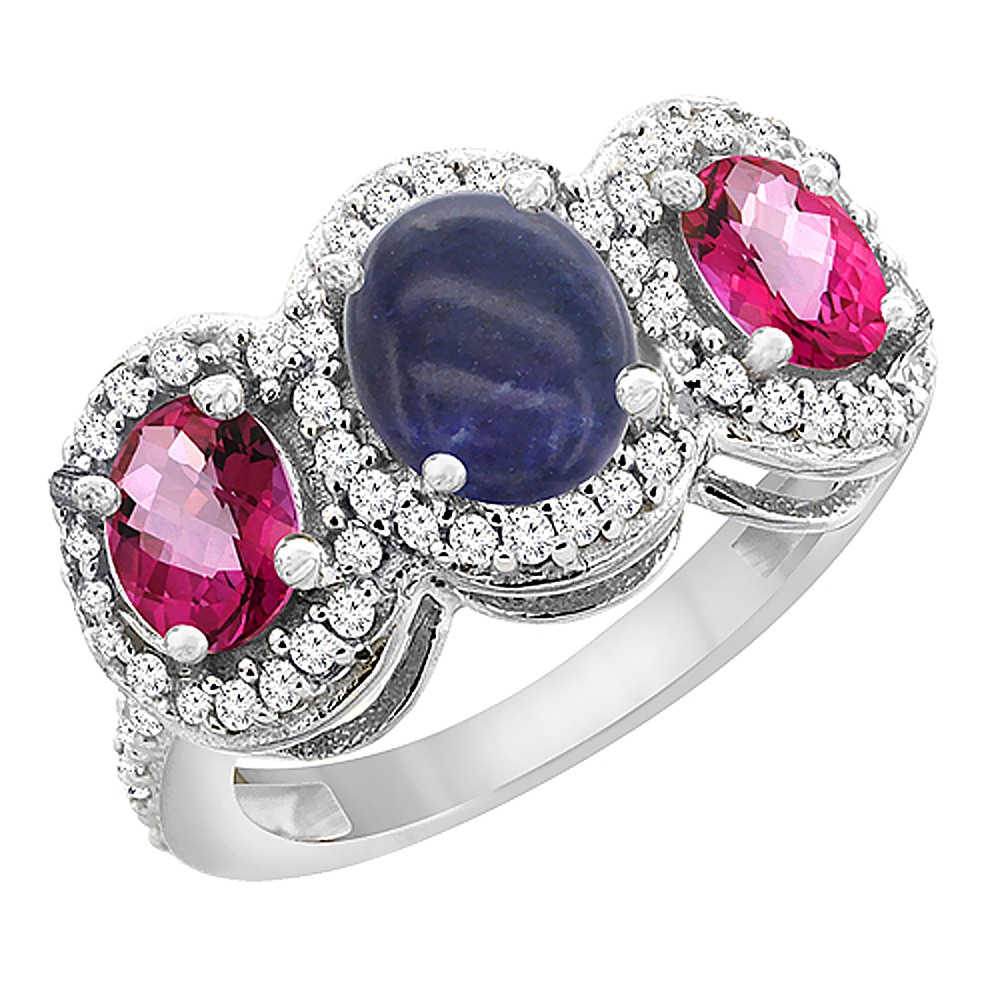 14K White Gold Natural Lapis &amp; Pink Topaz 3-Stone Ring Oval Diamond Accent, sizes 5 - 10