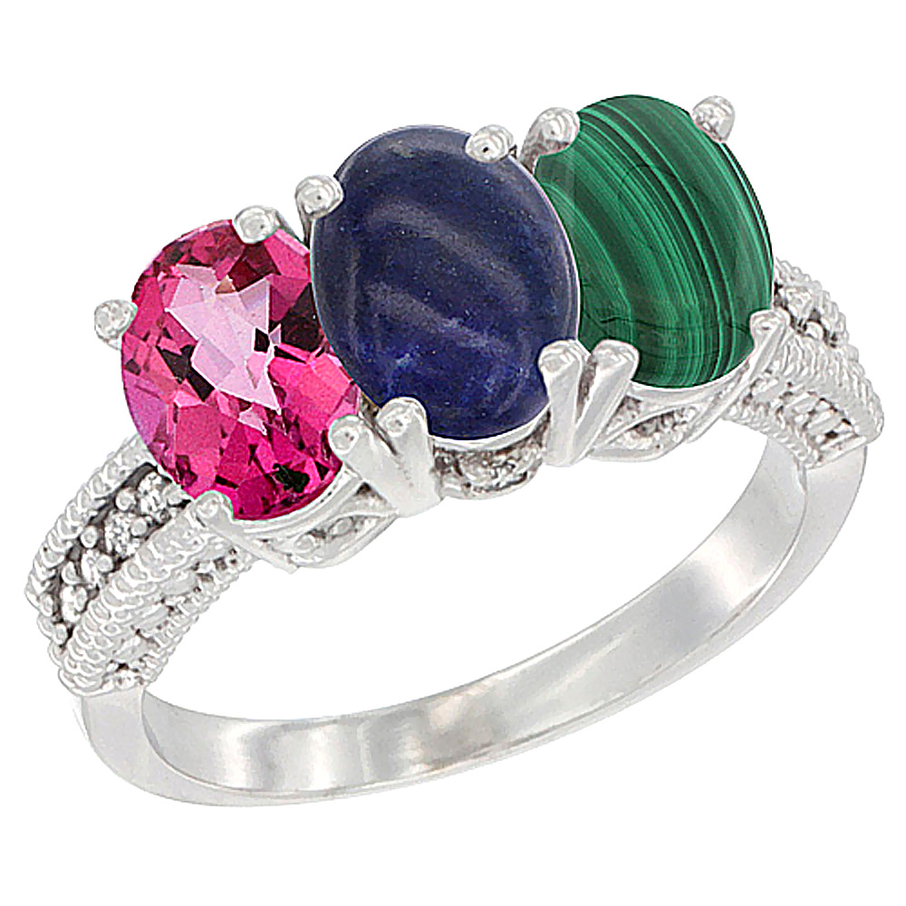 10K White Gold Natural Pink Topaz, Lapis &amp; Malachite Ring 3-Stone Oval 7x5 mm Diamond Accent, sizes 5 - 10