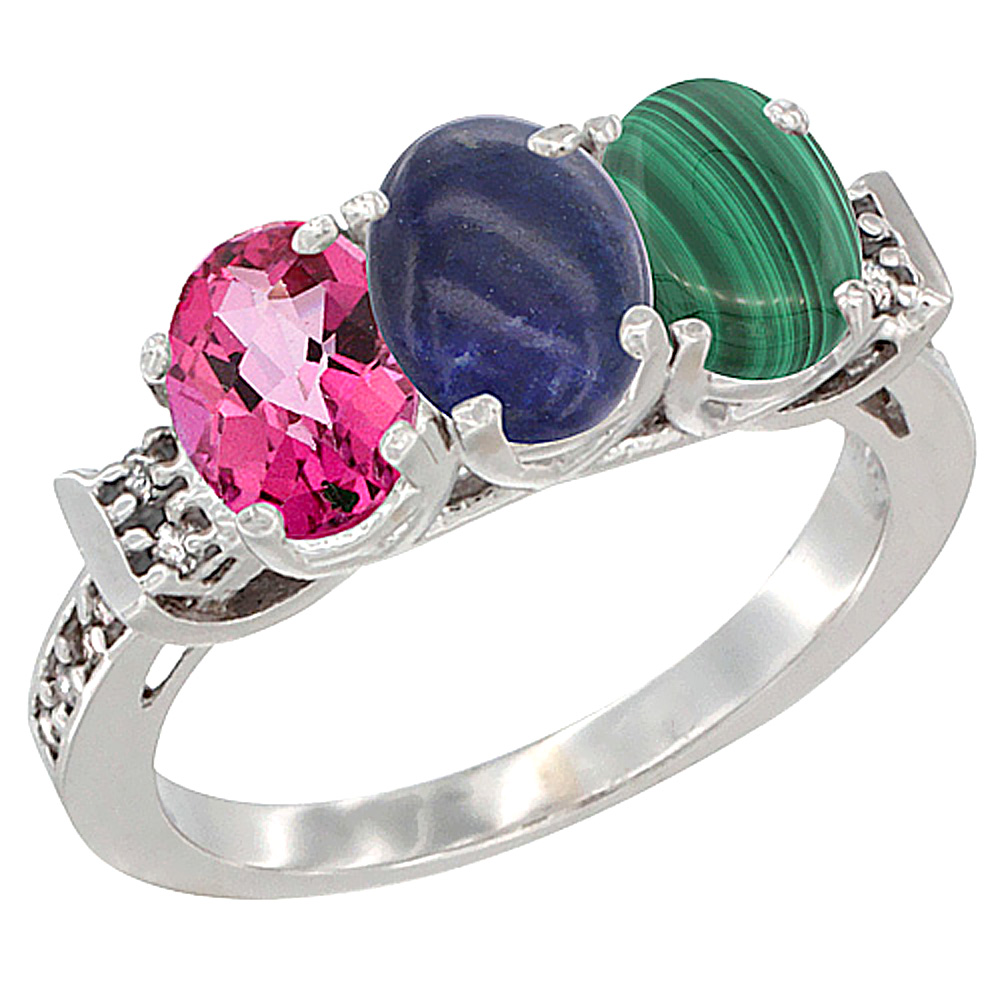 14K White Gold Natural Pink Topaz, Lapis &amp; Malachite Ring 3-Stone Oval 7x5 mm Diamond Accent, sizes 5 - 10