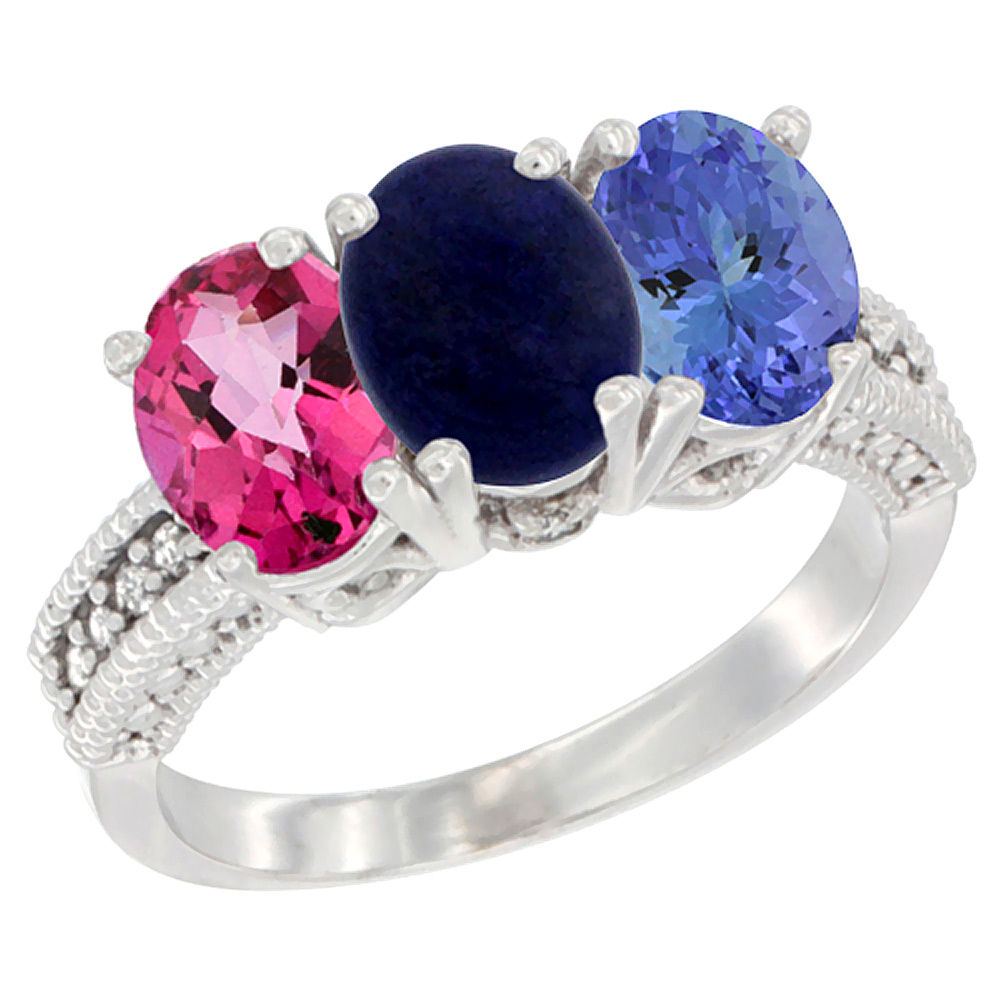 10K White Gold Natural Pink Topaz, Lapis & Tanzanite Ring 3-Stone Oval 7x5 mm Diamond Accent, sizes 5 - 10