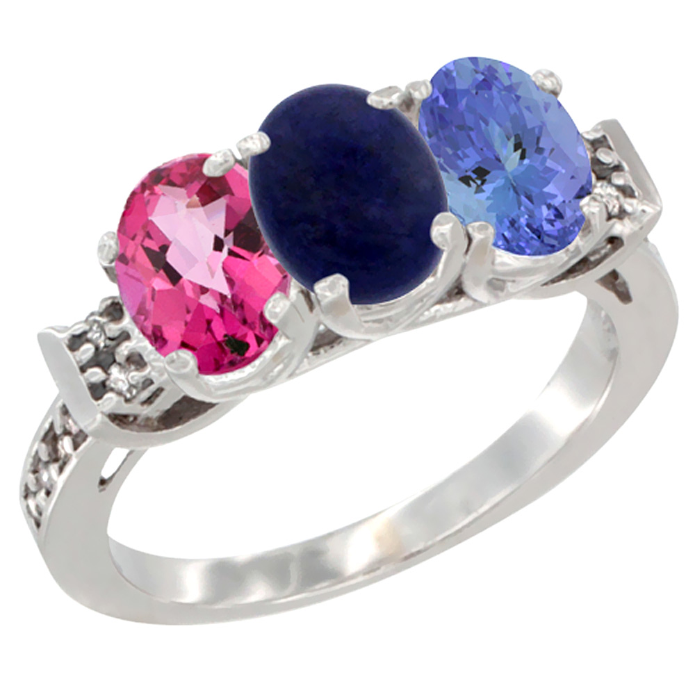 14K White Gold Natural Pink Topaz, Lapis &amp; Tanzanite Ring 3-Stone Oval 7x5 mm Diamond Accent, sizes 5 - 10