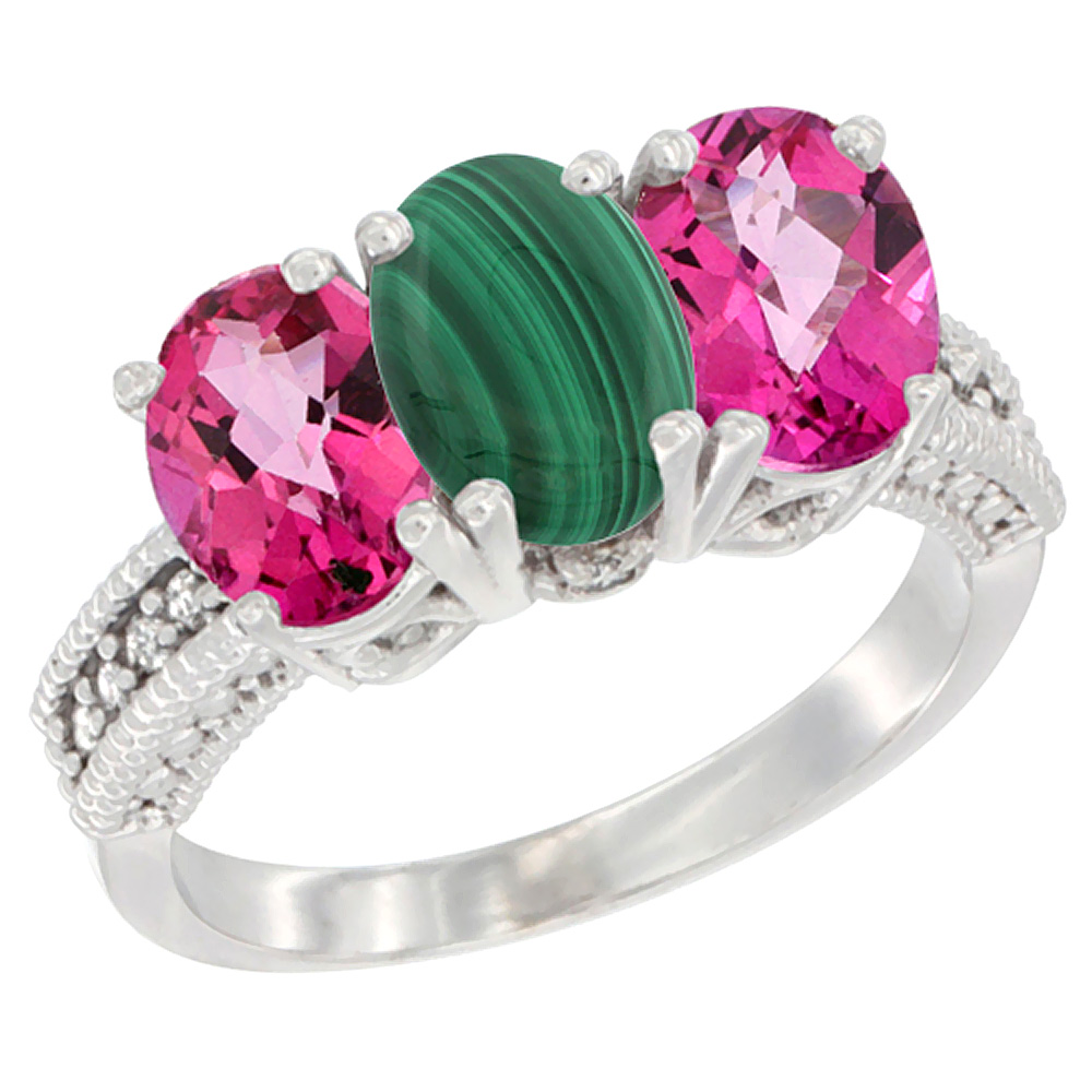 10K White Gold Natural Malachite & Pink Topaz Sides Ring 3-Stone Oval 7x5 mm Diamond Accent, sizes 5 - 10