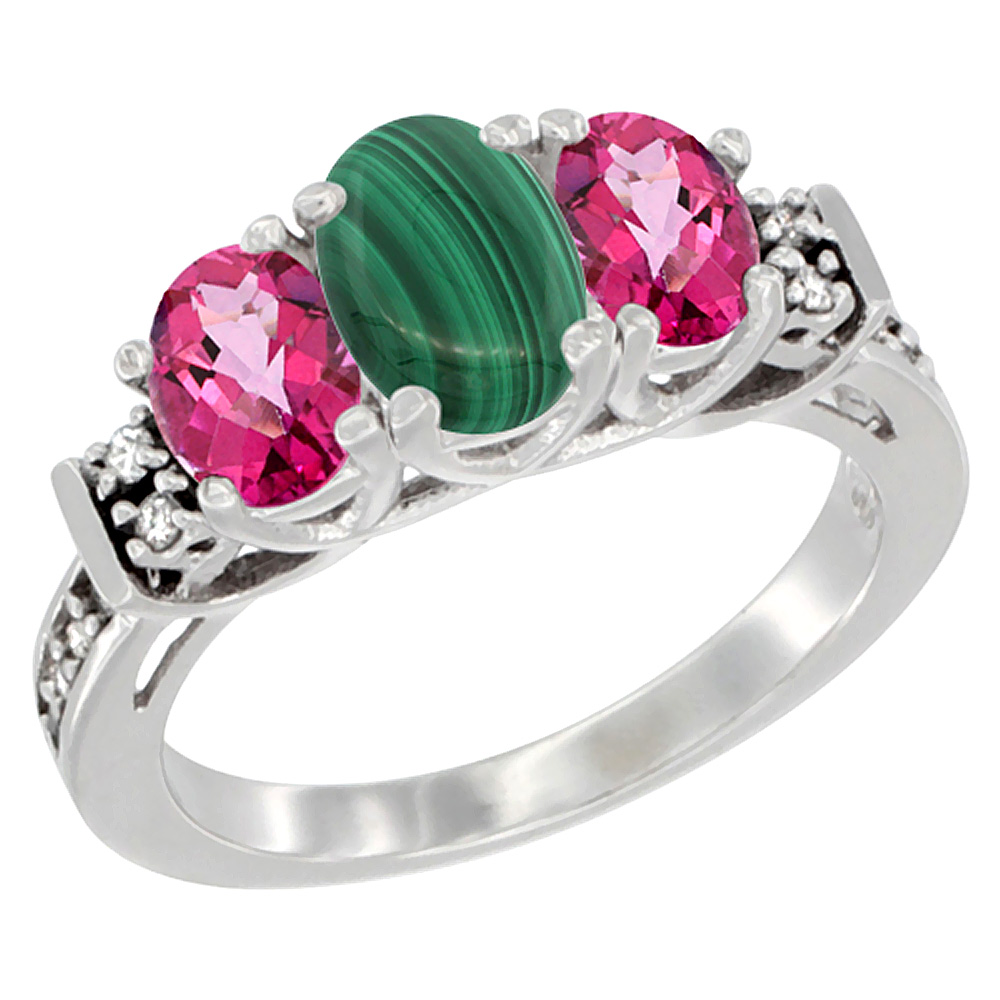 10K White Gold Natural Malachite &amp; Pink Topaz Ring 3-Stone Oval Diamond Accent, sizes 5-10