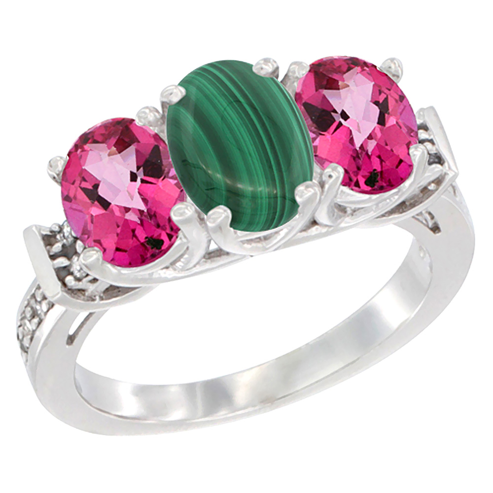 14K White Gold Natural Malachite & Pink Topaz Sides Ring 3-Stone Oval Diamond Accent, sizes 5 - 10