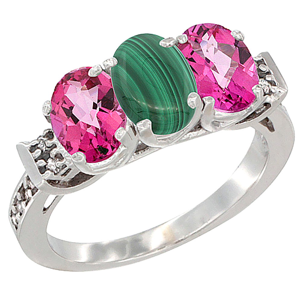 10K White Gold Natural Malachite &amp; Pink Topaz Sides Ring 3-Stone Oval 7x5 mm Diamond Accent, sizes 5 - 10