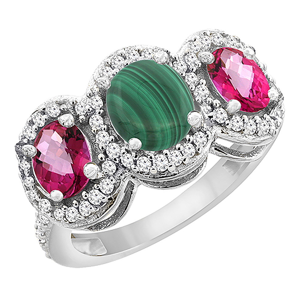 14K White Gold Natural Malachite & Pink Topaz 3-Stone Ring Oval Diamond Accent, sizes 5 - 10