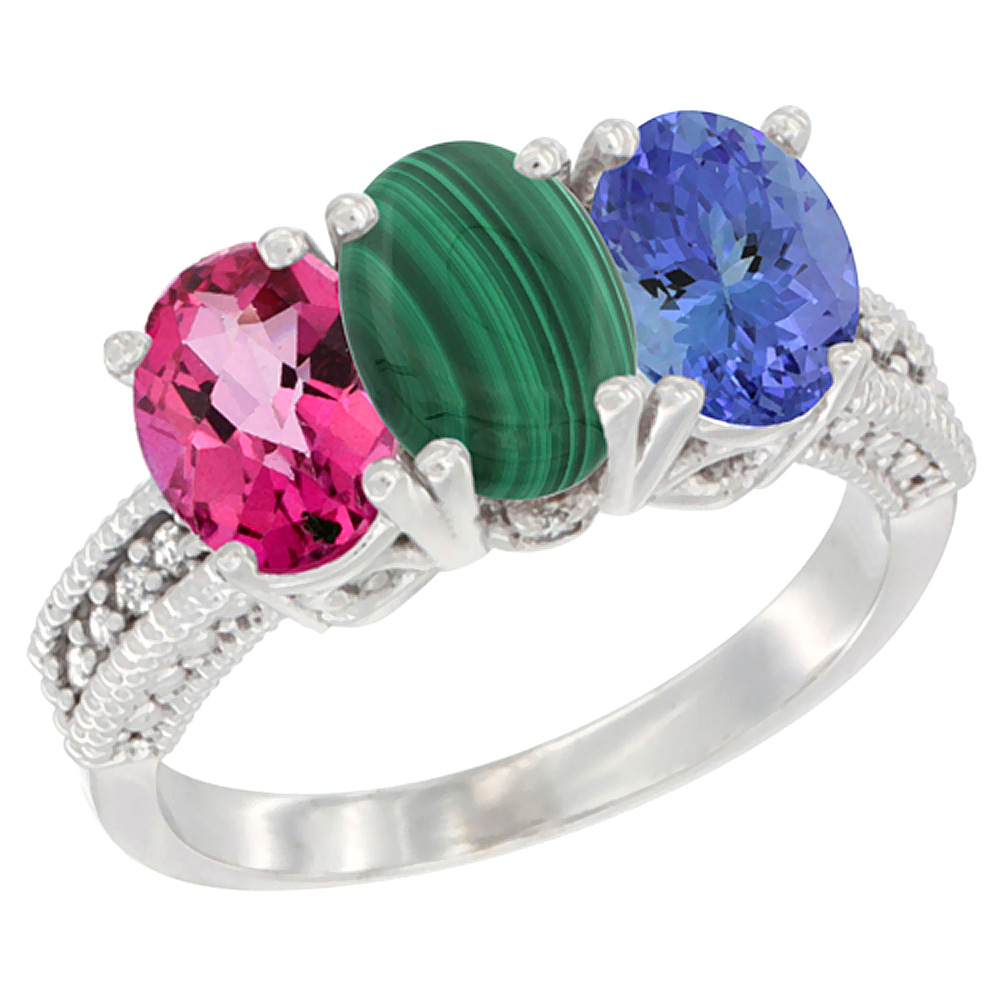 14K White Gold Natural Pink Topaz, Malachite & Tanzanite Ring 3-Stone 7x5 mm Oval Diamond Accent, sizes 5 - 10