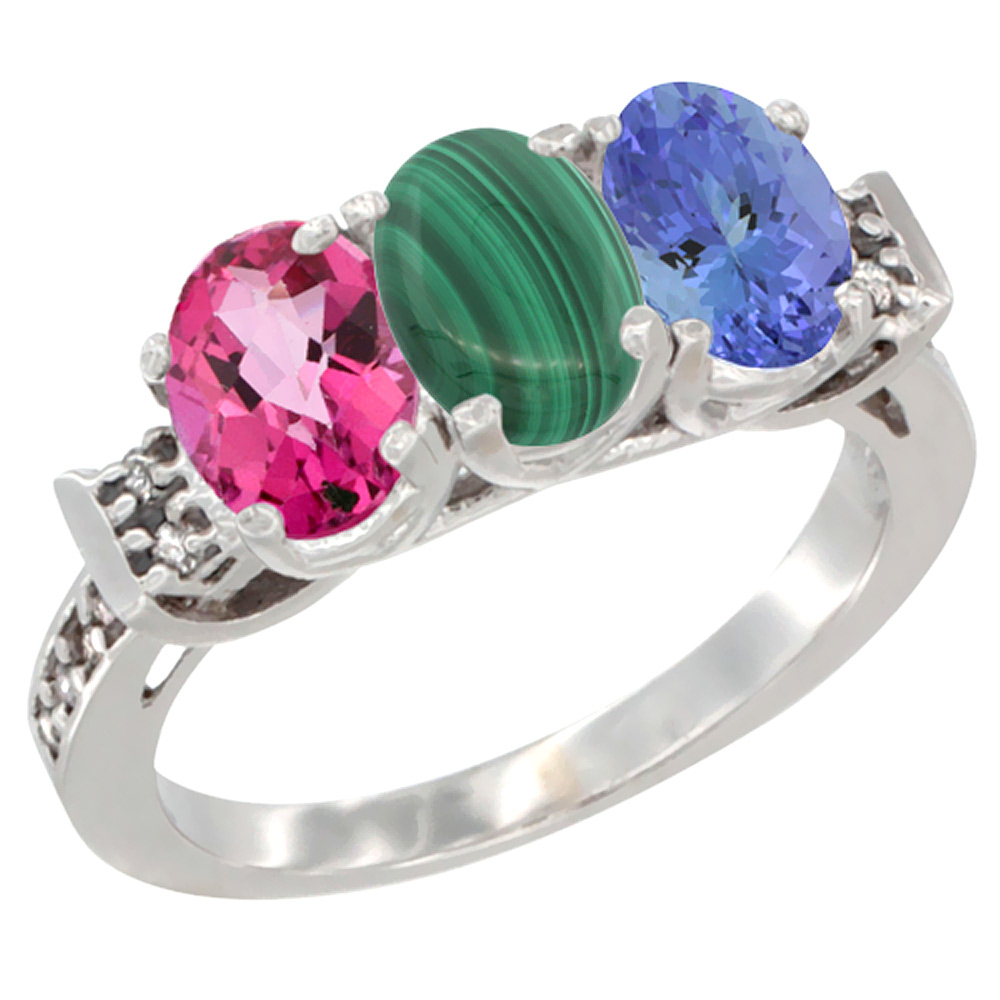 10K White Gold Natural Pink Topaz, Malachite & Tanzanite Ring 3-Stone Oval 7x5 mm Diamond Accent, sizes 5 - 10