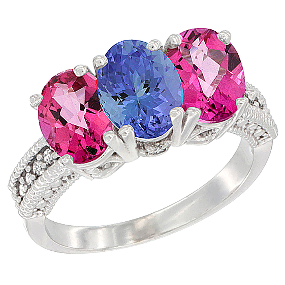 10K White Gold Natural Tanzanite & Pink Topaz Sides Ring 3-Stone Oval 7x5 mm Diamond Accent, sizes 5 - 10