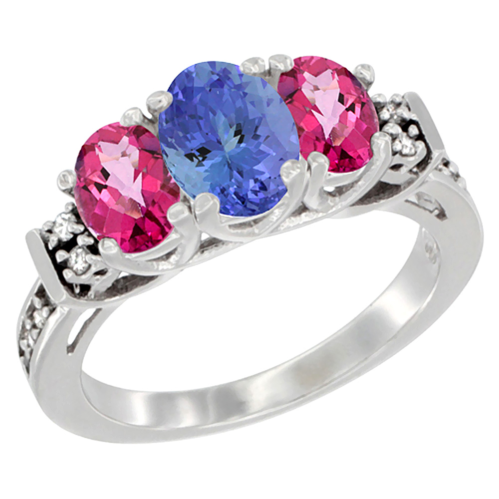 10K White Gold Natural Tanzanite &amp; Pink Topaz Ring 3-Stone Oval Diamond Accent, sizes 5-10