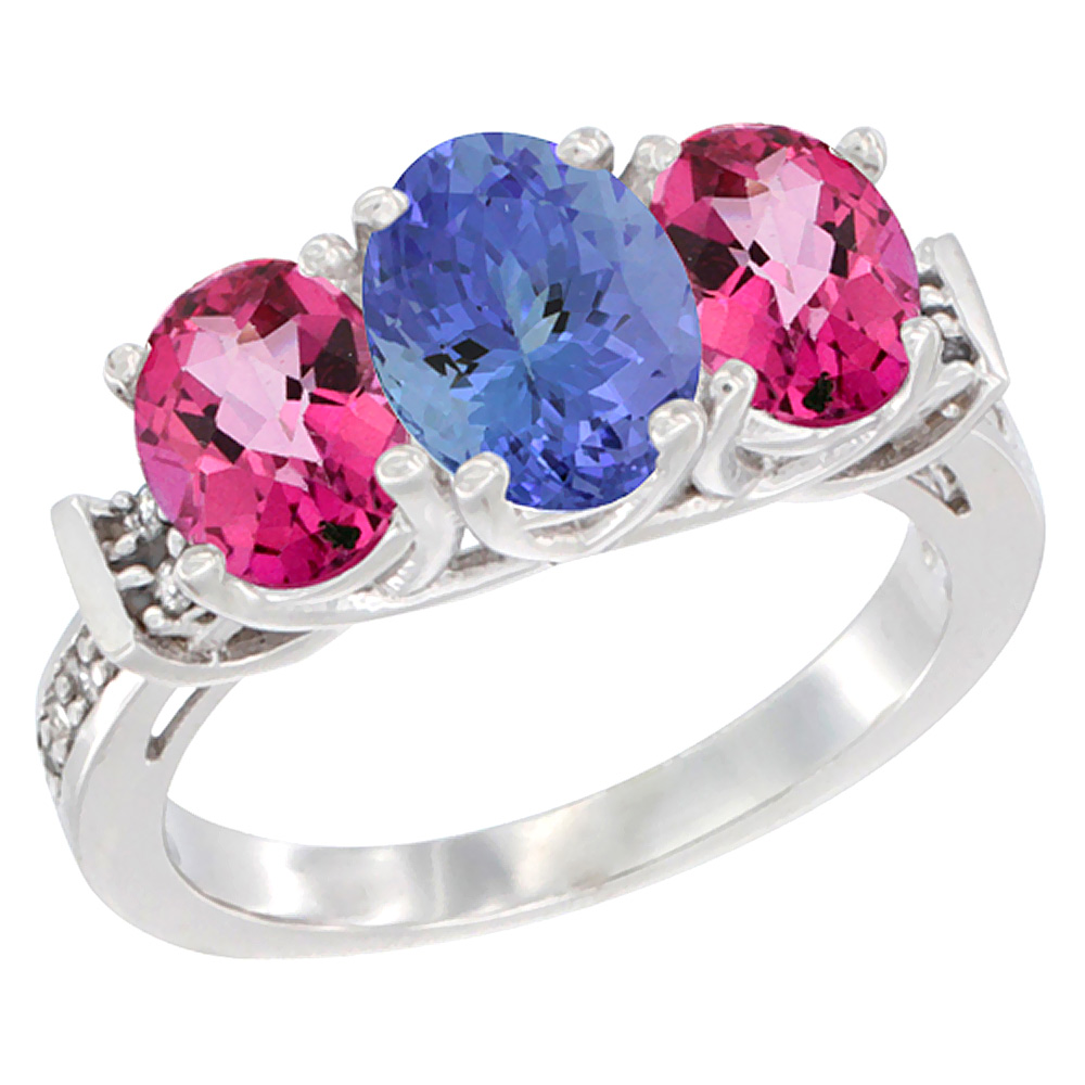 10K White Gold Natural Tanzanite &amp; Pink Topaz Sides Ring 3-Stone Oval Diamond Accent, sizes 5 - 10