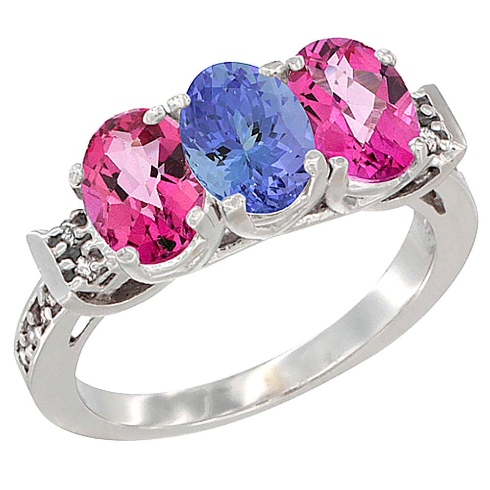 10K White Gold Natural Tanzanite &amp; Pink Topaz Sides Ring 3-Stone Oval 7x5 mm Diamond Accent, sizes 5 - 10