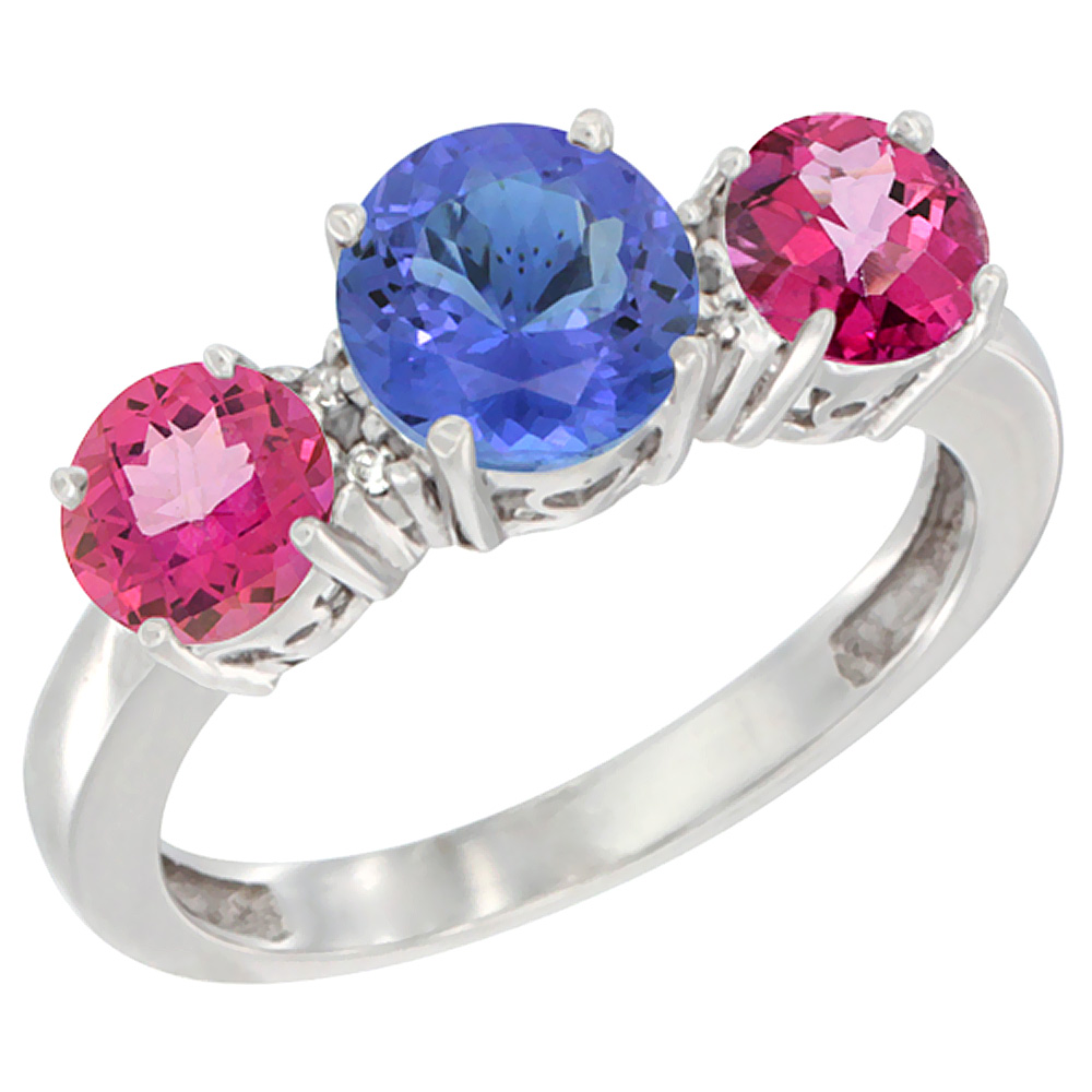 14K White Gold Round 3-Stone Natural Tanzanite Ring &amp; Pink Topaz Sides Diamond Accent, sizes 5 - 10