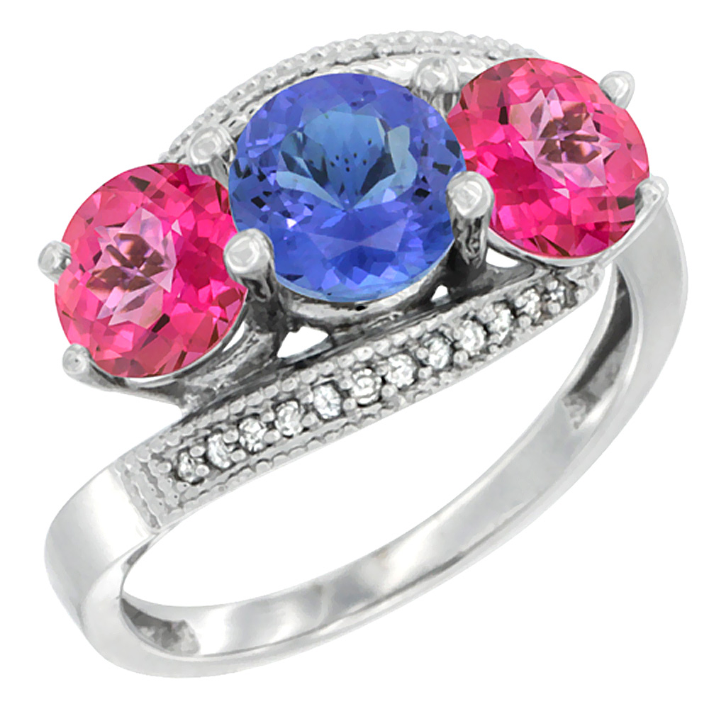 10K White Gold Natural Tanzanite &amp; Pink Topaz Sides 3 stone Ring Round 6mm Diamond Accent, sizes 5 - 10