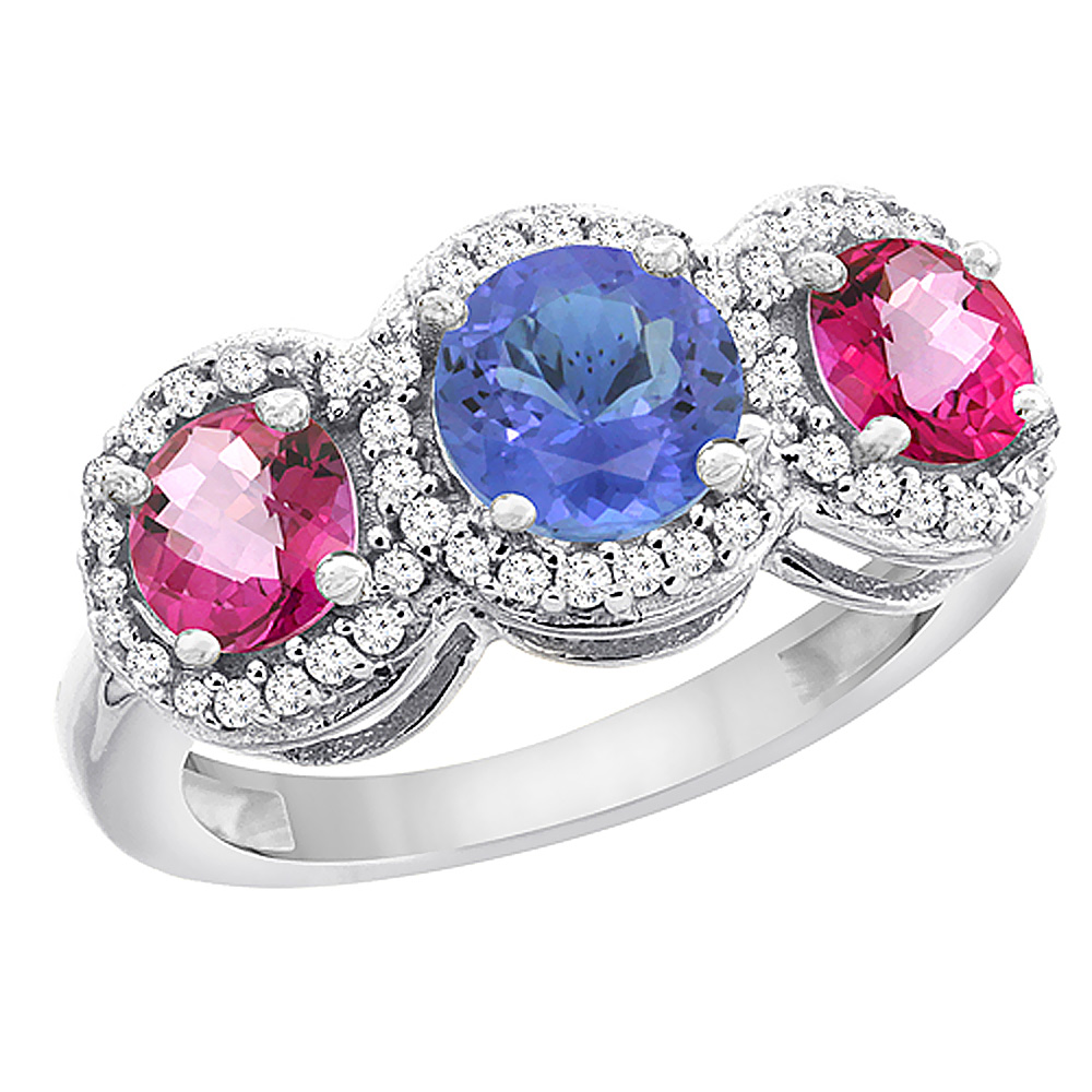 10K White Gold Natural Tanzanite &amp; Pink Topaz Sides Round 3-stone Ring Diamond Accents, sizes 5 - 10