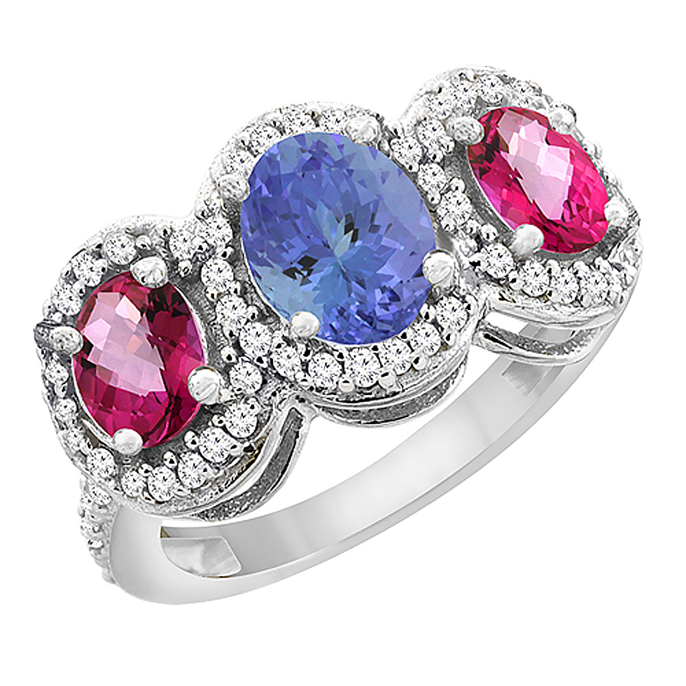 14K White Gold Natural Tanzanite &amp; Pink Topaz 3-Stone Ring Oval Diamond Accent, sizes 5 - 10