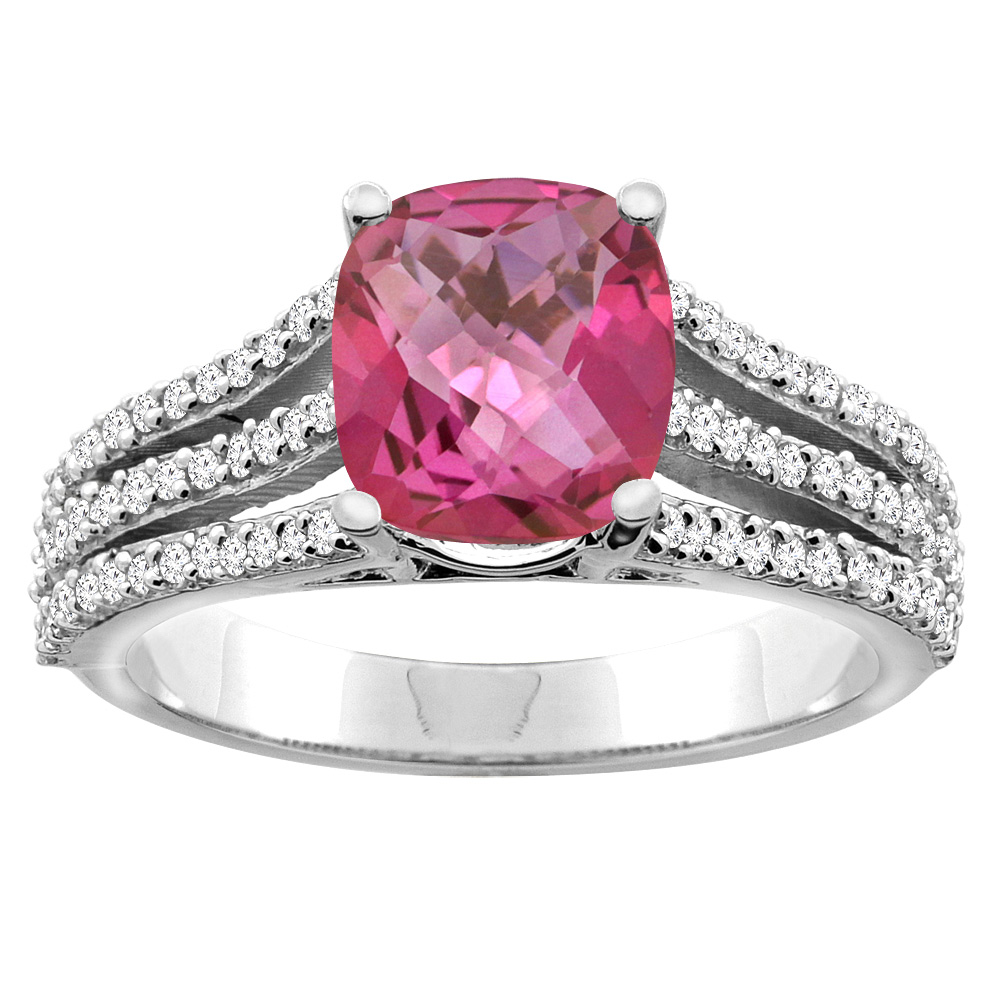 10K White/Yellow Gold Diamond Natural Pink Topaz Tri-split Ring Cushion-cut 8x6mm, sizes 5 - 10