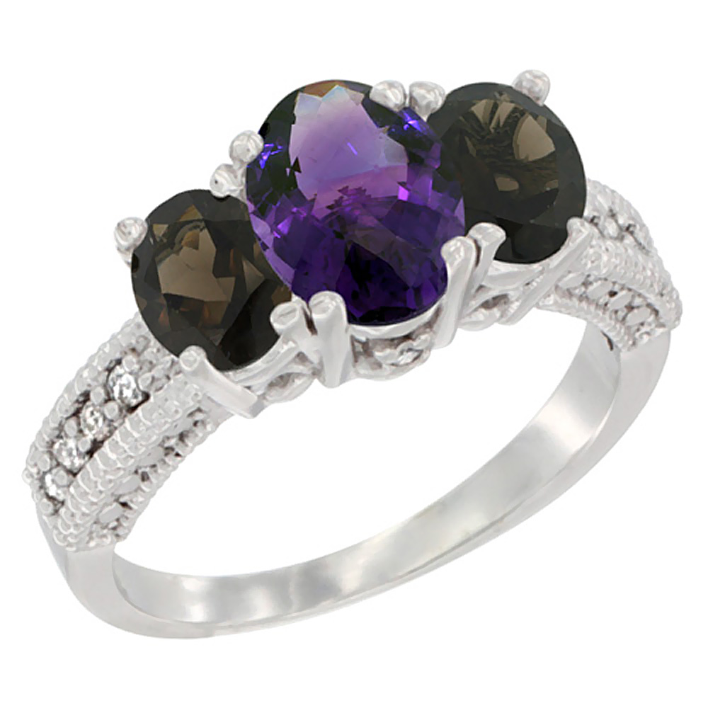 14K White Gold Diamond Natural Amethyst Ring Oval 3-stone with Smoky Topaz, sizes 5 - 10