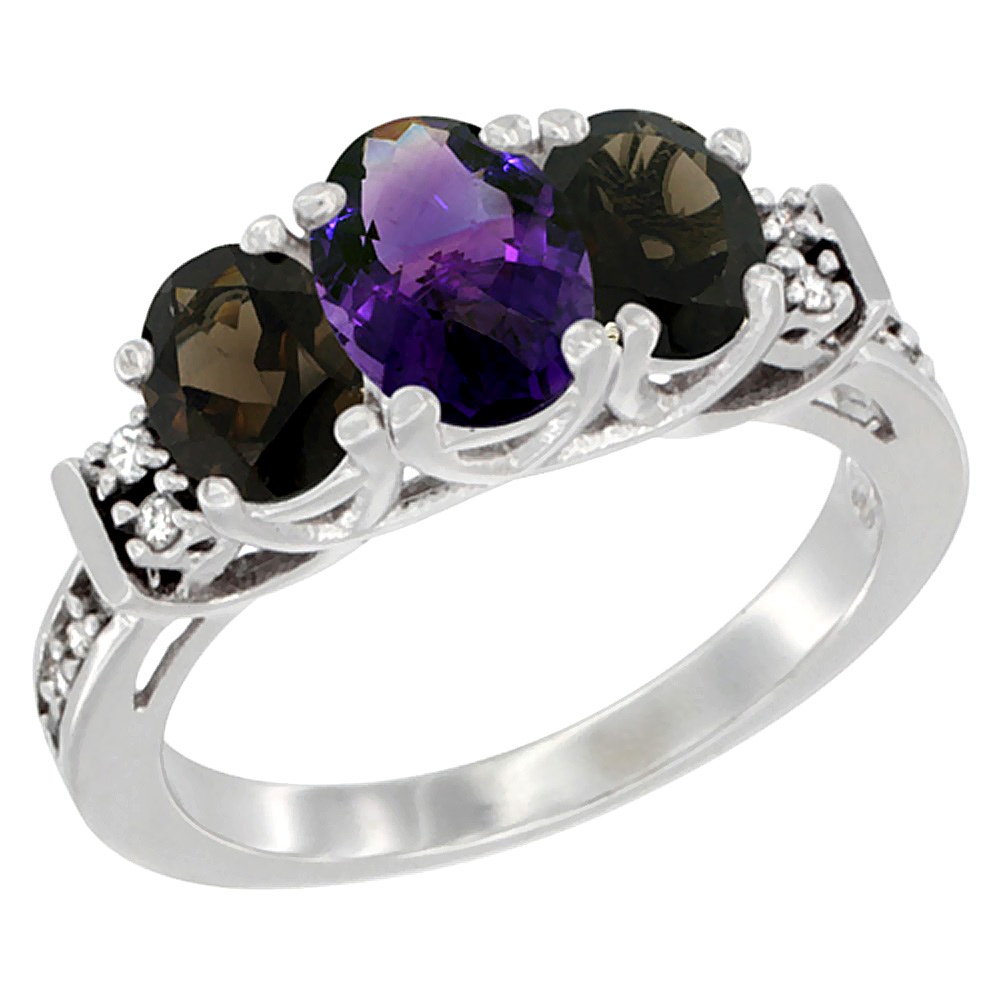 14K White Gold Natural Amethyst &amp; Smoky Topaz Ring 3-Stone Oval Diamond Accent, sizes 5-10