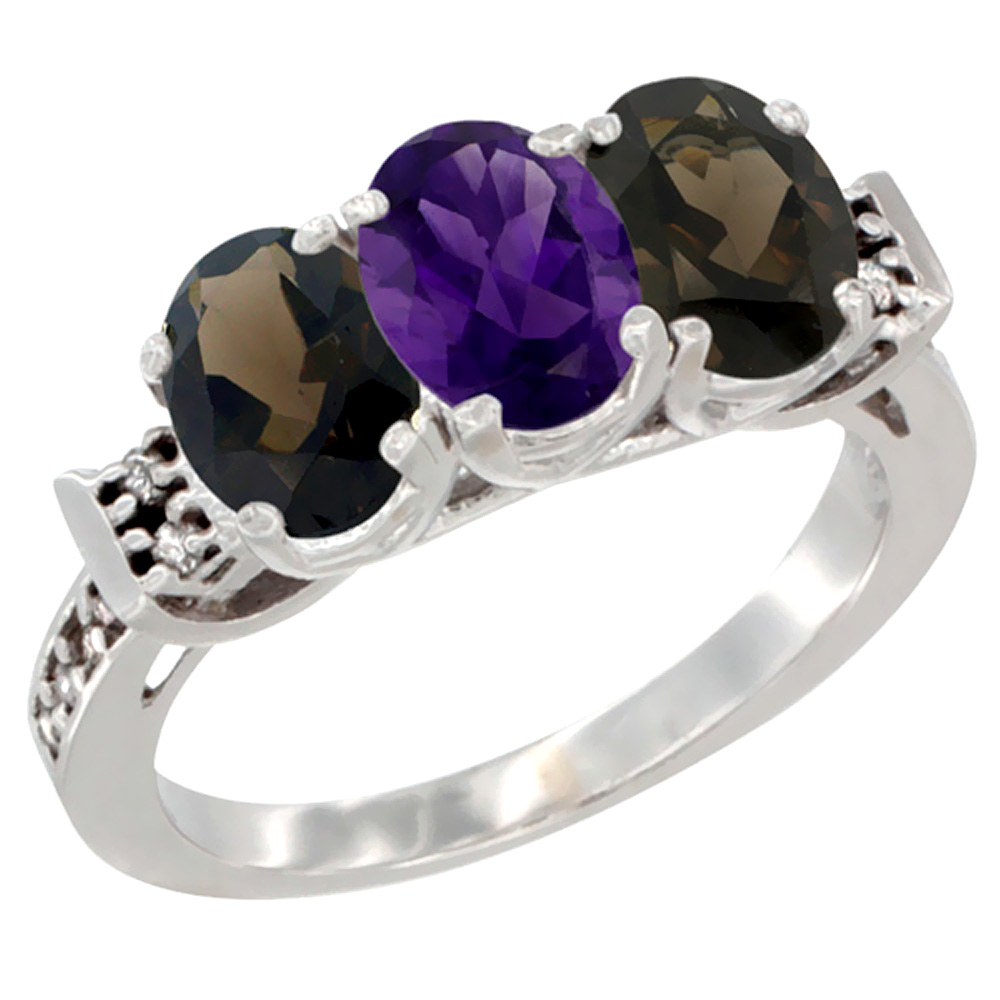 10K White Gold Natural Amethyst & Smoky Topaz Sides Ring 3-Stone Oval 7x5 mm Diamond Accent, sizes 5 - 10