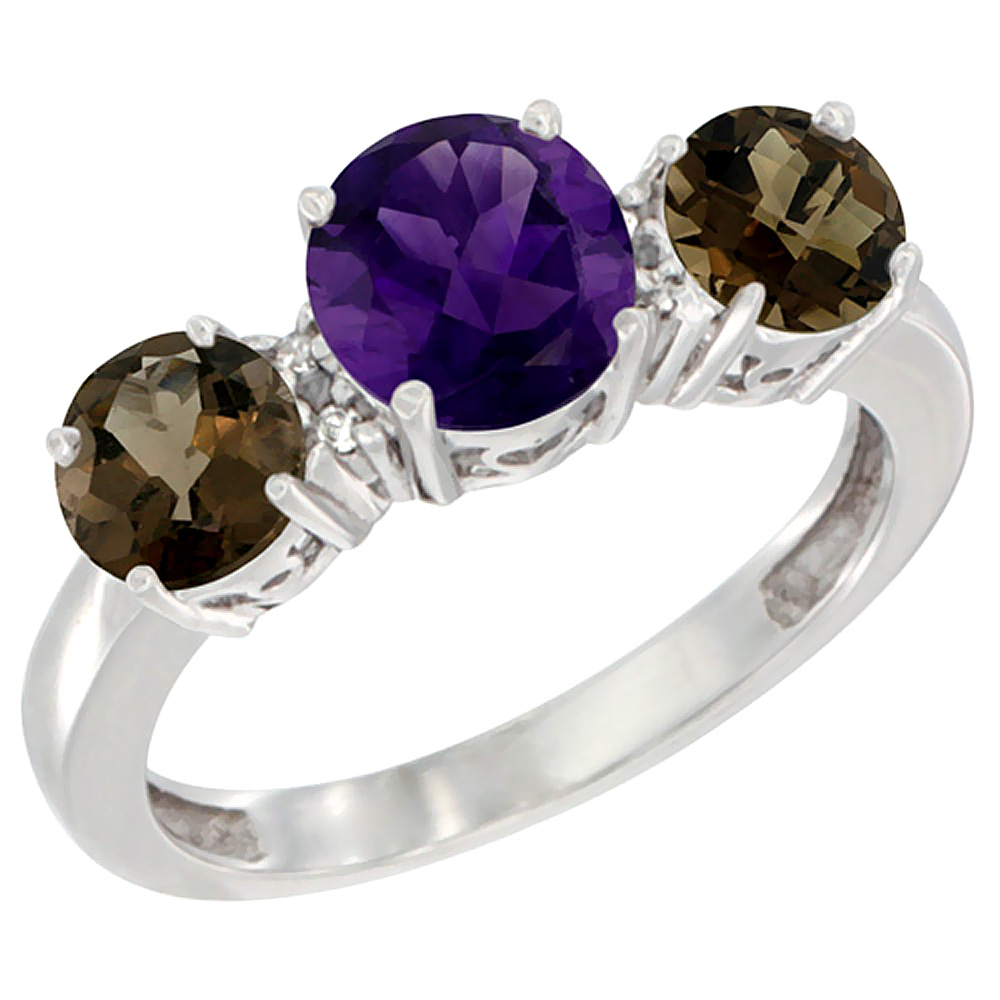 10K White Gold Round 3-Stone Natural Amethyst Ring &amp; Smoky Topaz Sides Diamond Accent, sizes 5 - 10