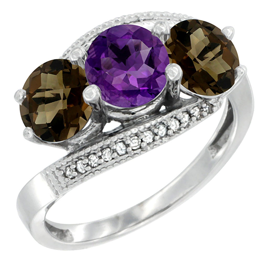 10K White Gold Natural Amethyst &amp; Smoky Topaz Sides 3 stone Ring Round 6mm Diamond Accent, sizes 5 - 10