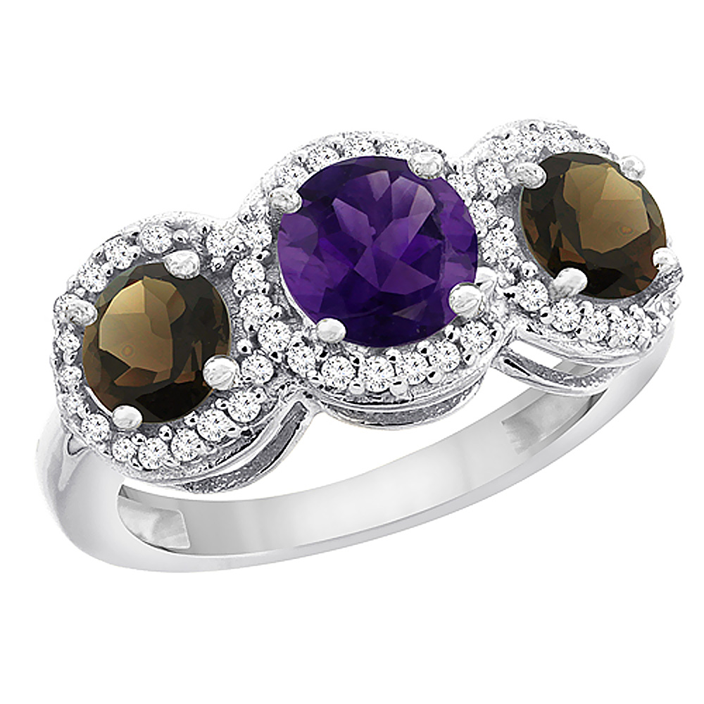 10K White Gold Natural Amethyst & Smoky Topaz Sides Round 3-stone Ring Diamond Accents, sizes 5 - 10