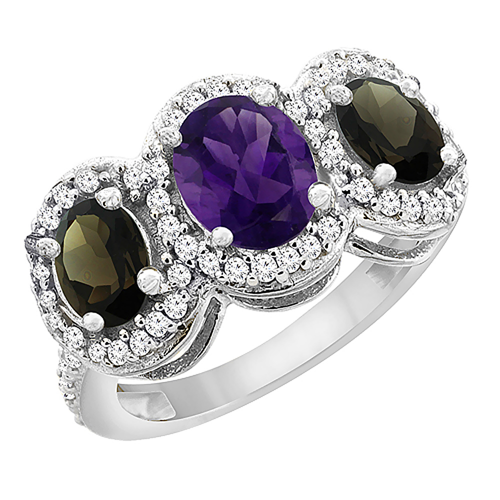 14K White Gold Natural Amethyst & Smoky Topaz 3-Stone Ring Oval Diamond Accent, sizes 5 - 10