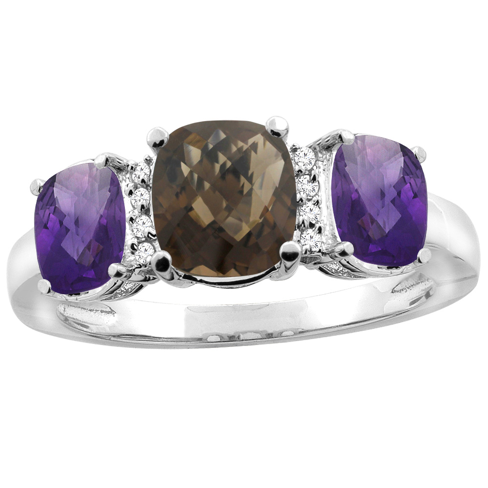 14K Yellow Gold Natural Smoky Topaz & Amethyst 3-stone Ring Cushion 8x6mm Diamond Accent, sizes 5 - 10