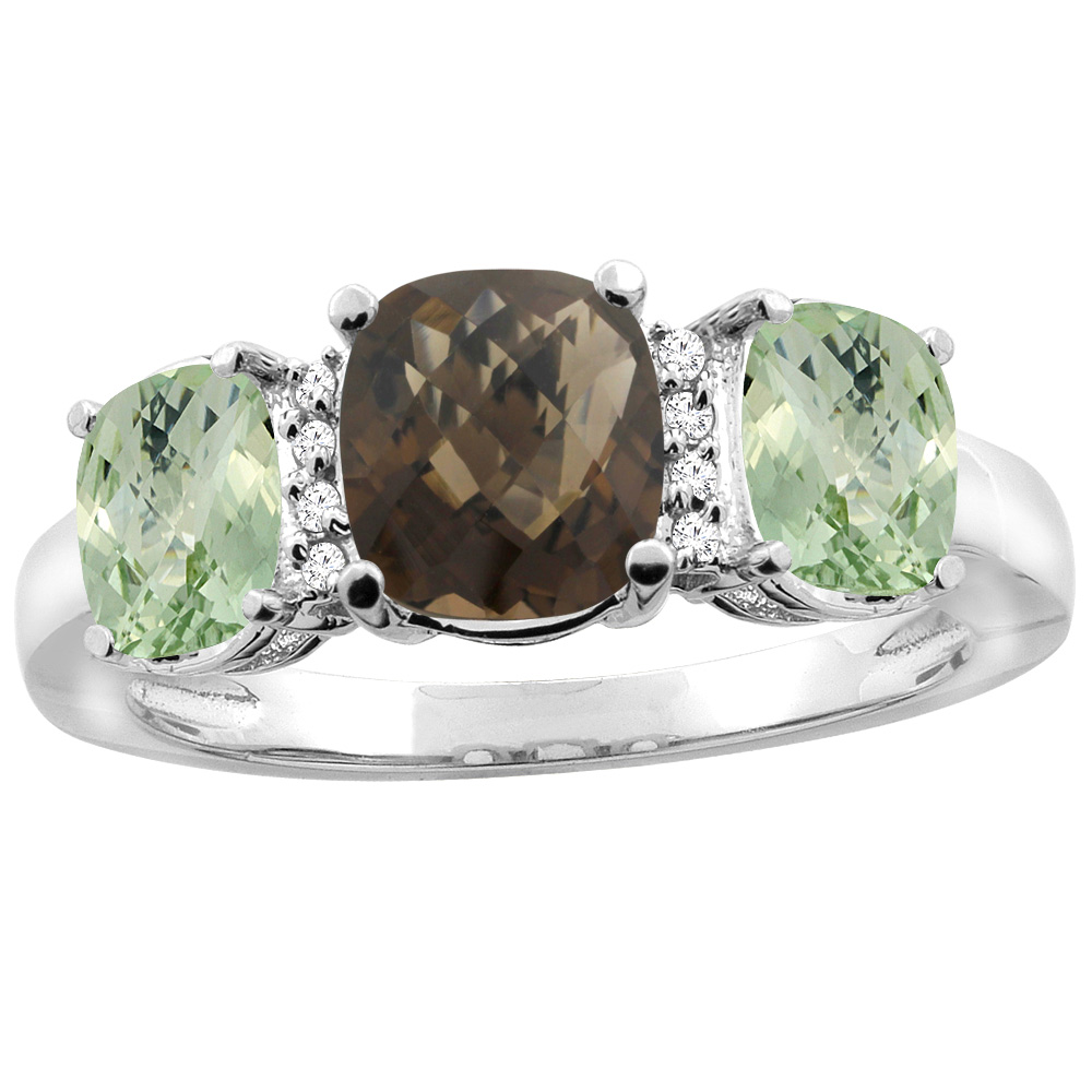 14K Yellow Gold Natural Smoky Topaz & Green Amethyst 3-Stone Ring Cushion 8x6mm Diamond Accent, sizes 5 - 10