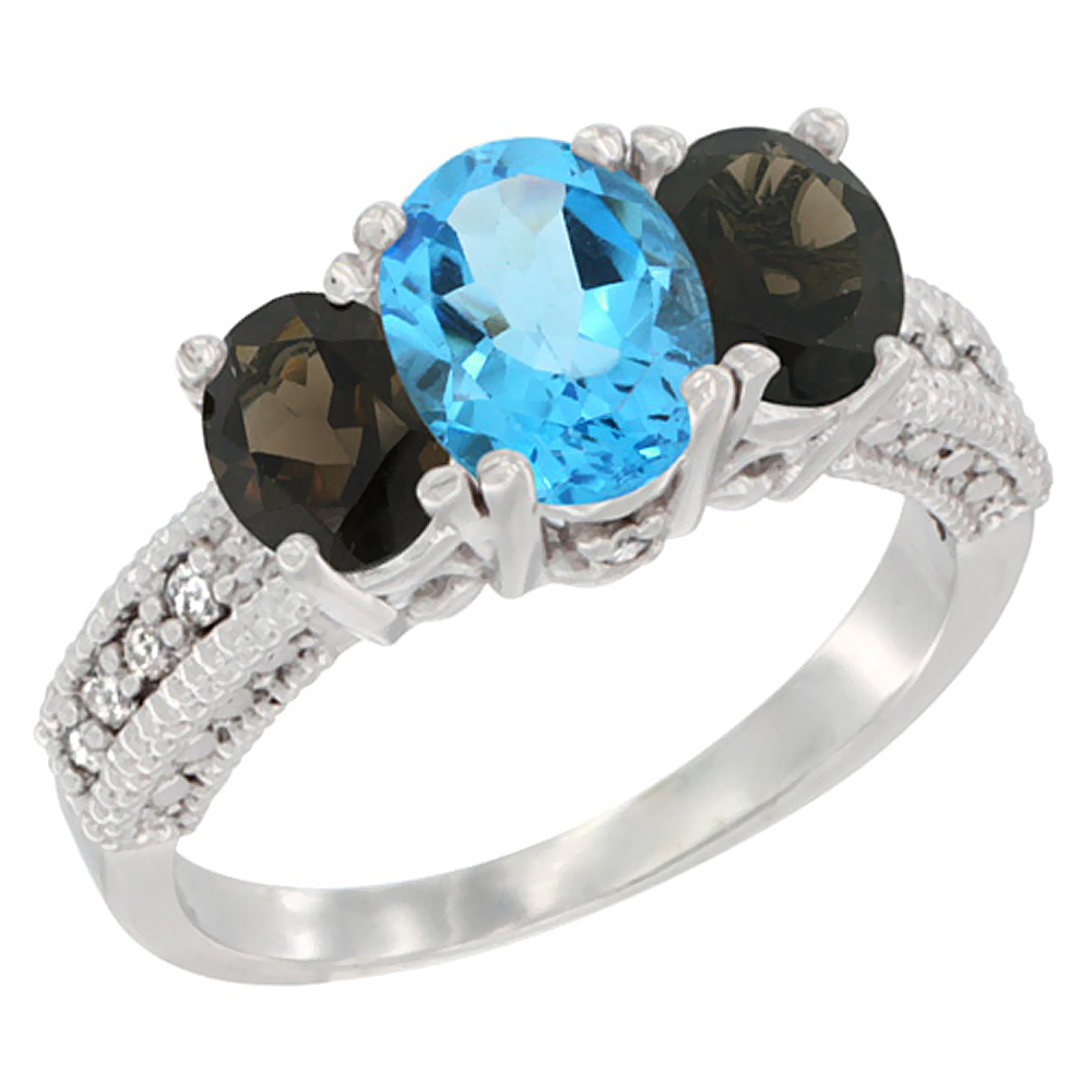 14K White Gold Diamond Natural Swiss Blue Topaz Ring Oval 3-stone with Smoky Topaz, sizes 5 - 10