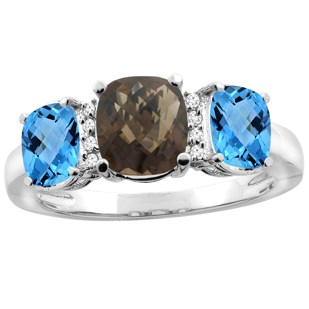 14K White Gold Natural Smoky Topaz & Swiss Blue Topaz 3-stone Ring Cushion 8x6mm Diamond Accent, sizes 5 - 10