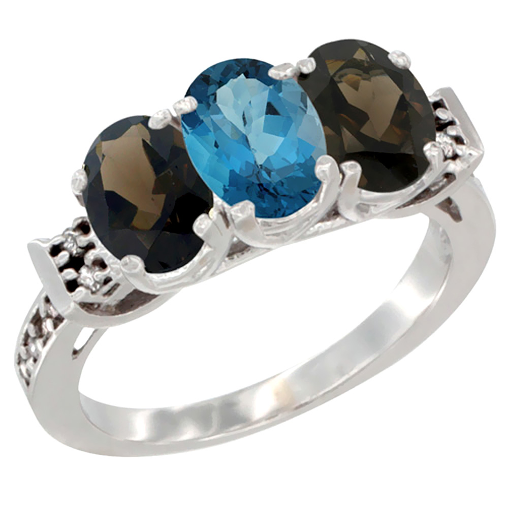 10K White Gold Natural London Blue Topaz & Smoky Topaz Sides Ring 3-Stone Oval 7x5 mm Diamond Accent, sizes 5 - 10