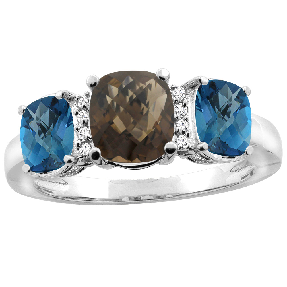 10K Yellow Gold Natural Smoky Topaz & London Blue Topaz 3-stone Ring Cushion 8x6mm Diamond Accent, sizes 5 - 10