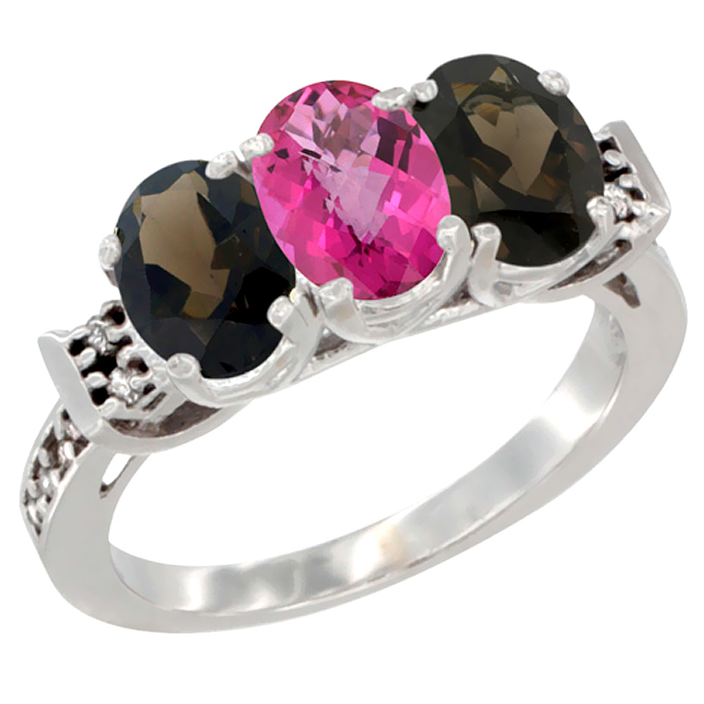 14K White Gold Natural Pink Topaz & Smoky Topaz Sides Ring 3-Stone Oval 7x5 mm Diamond Accent, sizes 5 - 10