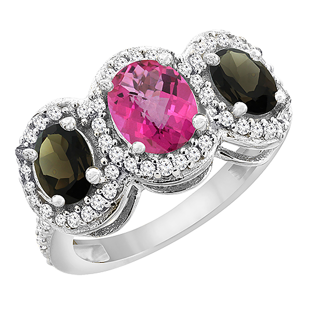 14K White Gold Natural Pink Topaz &amp; Smoky Topaz 3-Stone Ring Oval Diamond Accent, sizes 5 - 10