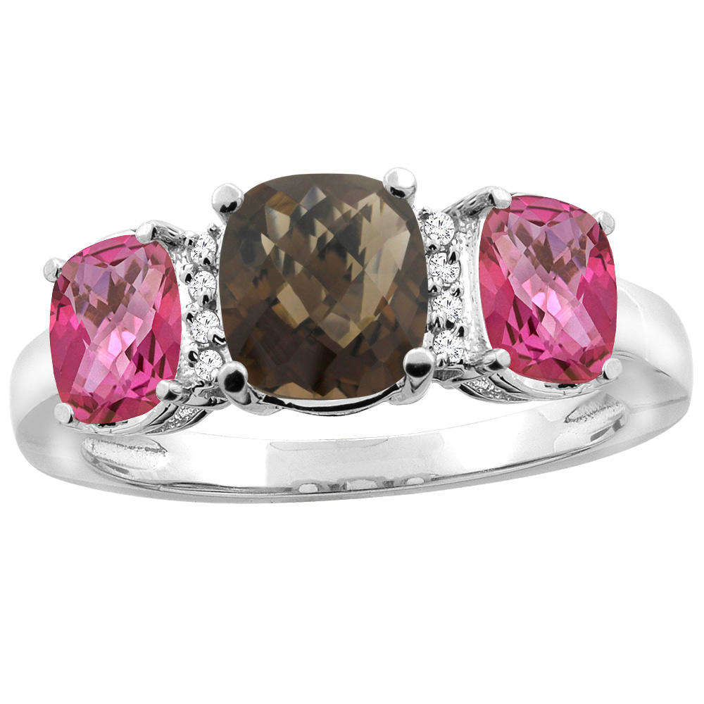 14K White Gold Natural Smoky Topaz & Pink Topaz 3-stone Ring Cushion 8x6mm Diamond Accent, sizes 5 - 10