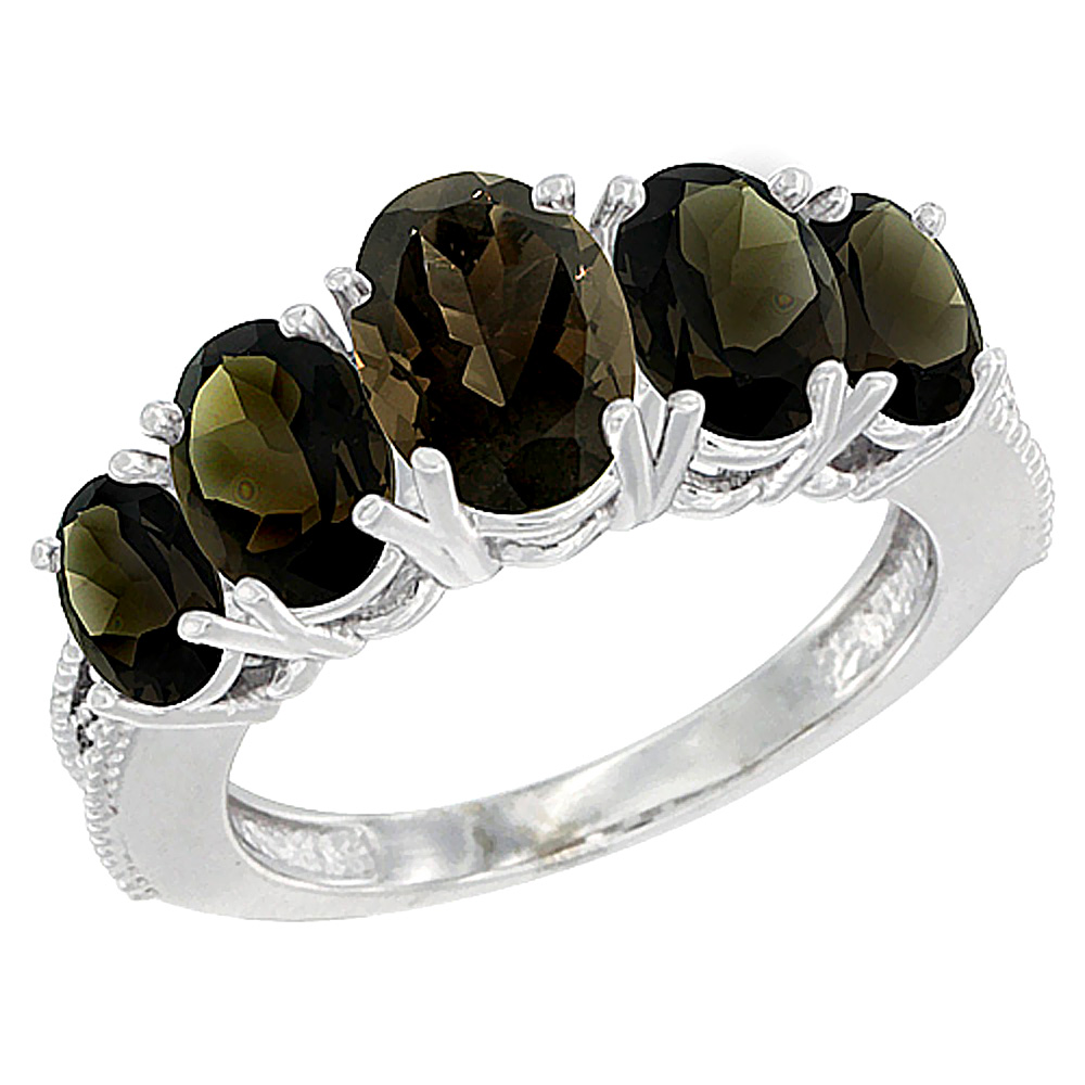 10K White Gold Diamond Natural Smoky Topaz Ring 5-stone Oval 8x6 Ctr,7x5,6x4 sides, sizes 5 - 10