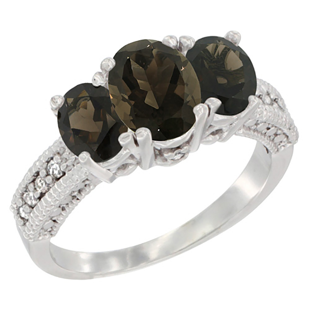 14K White Gold Diamond Natural Smoky Topaz Ring Oval 3-stone, sizes 5 - 10