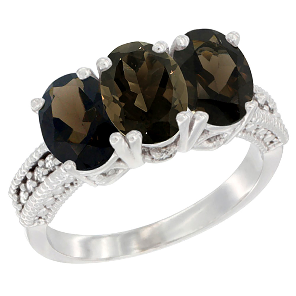 10K White Gold Natural Smoky Topaz Ring 3-Stone Oval 7x5 mm Diamond Accent, sizes 5 - 10