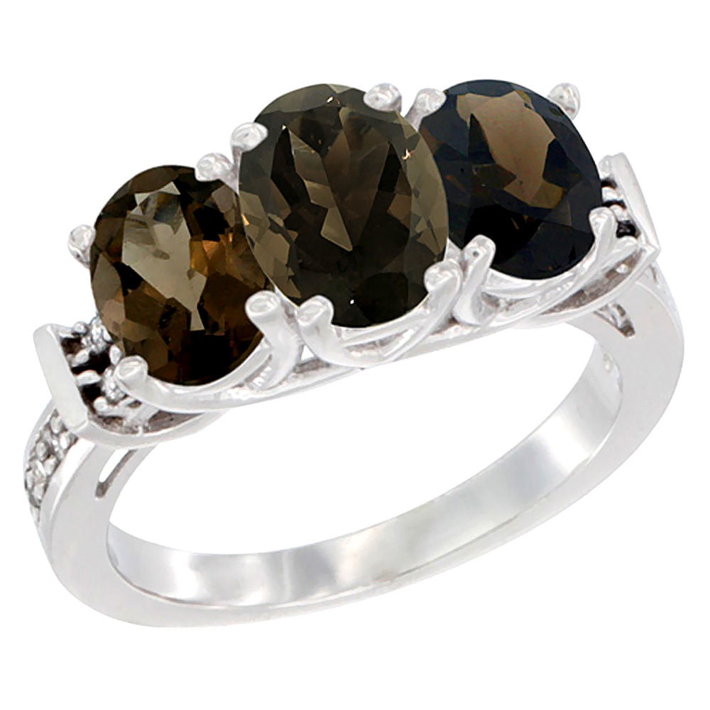 10K White Gold Natural Smoky Topaz Ring 3-Stone Oval Diamond Accent, sizes 5 - 10