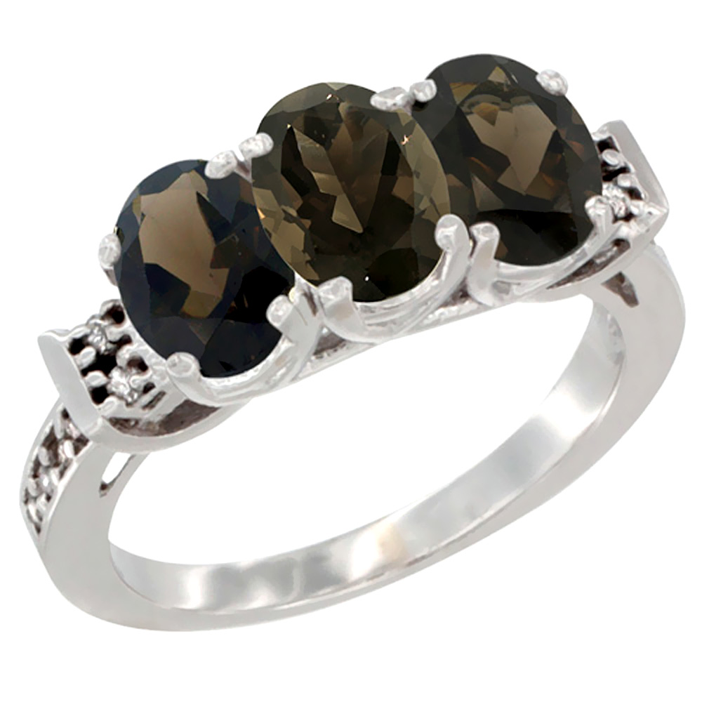 10K White Gold Natural Smoky Topaz Ring 3-Stone Oval 7x5 mm Diamond Accent, sizes 5 - 10