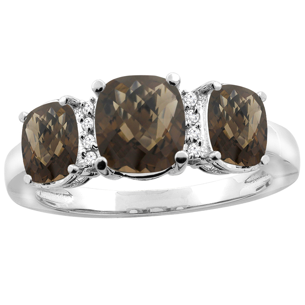 14K White Gold Natural Smoky Topaz 3-stone Ring Cushion 8x6mm Diamond Accent, sizes 5 - 10