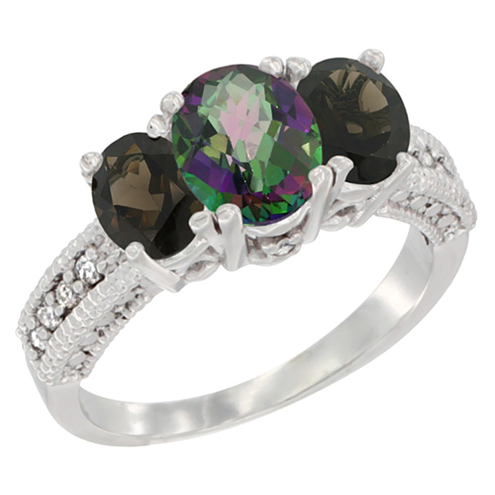 14K White Gold Diamond Natural Mystic Topaz Ring Oval 3-stone with Smoky Topaz, sizes 5 - 10