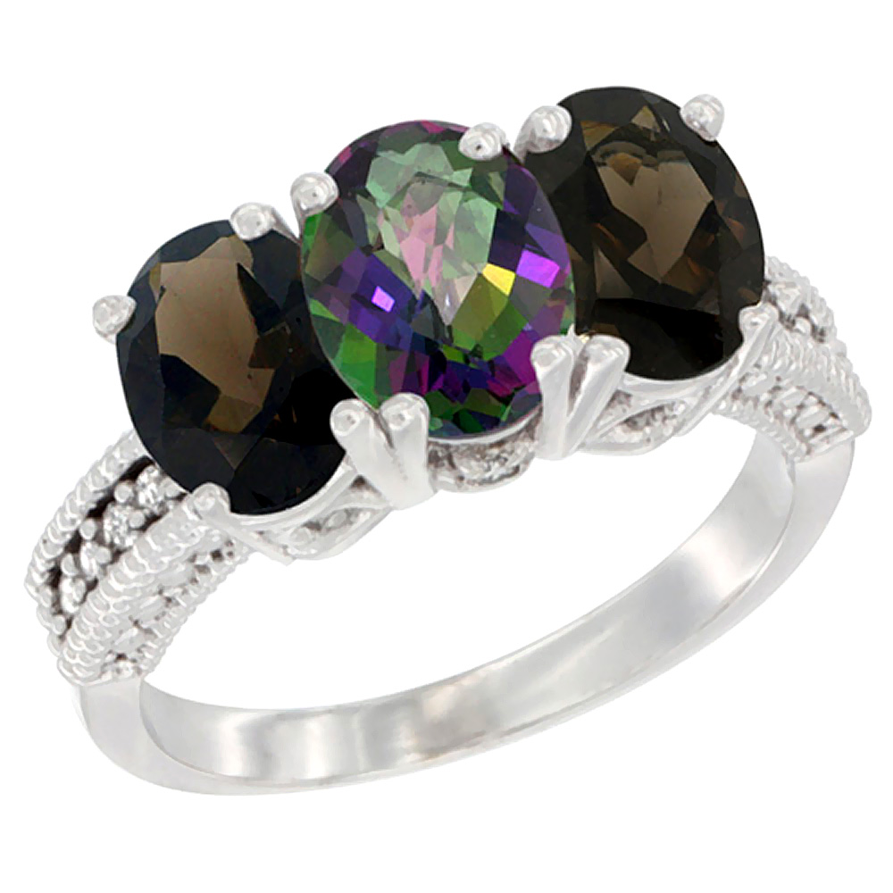 10K White Gold Natural Mystic Topaz &amp; Smoky Topaz Sides Ring 3-Stone Oval 7x5 mm Diamond Accent, sizes 5 - 10