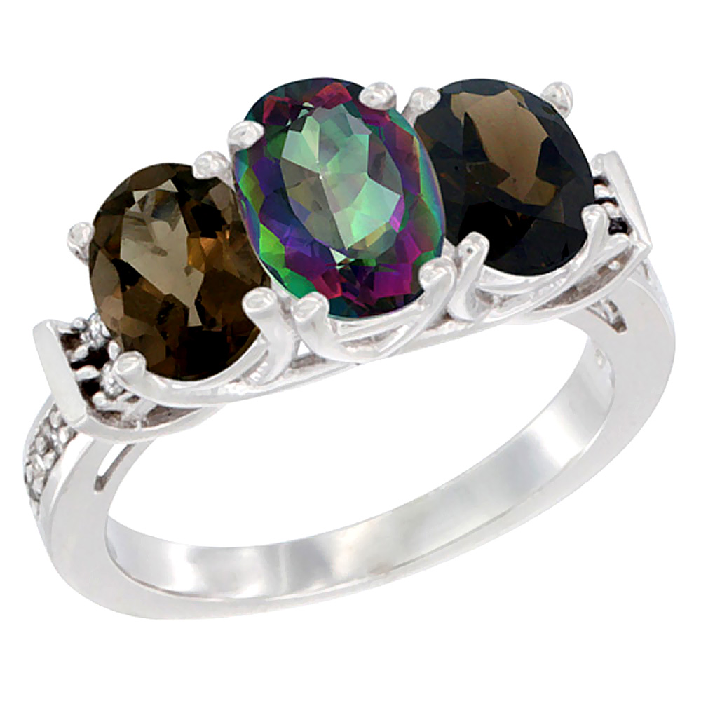 10K White Gold Natural Mystic Topaz & Smoky Topaz Sides Ring 3-Stone Oval Diamond Accent, sizes 5 - 10