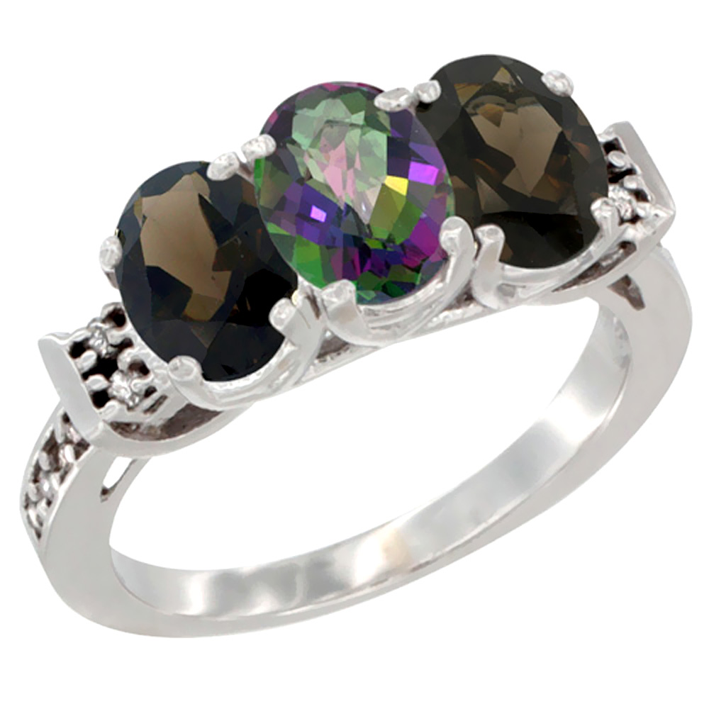 14K White Gold Natural Mystic Topaz & Smoky Topaz Sides Ring 3-Stone Oval 7x5 mm Diamond Accent, sizes 5 - 10